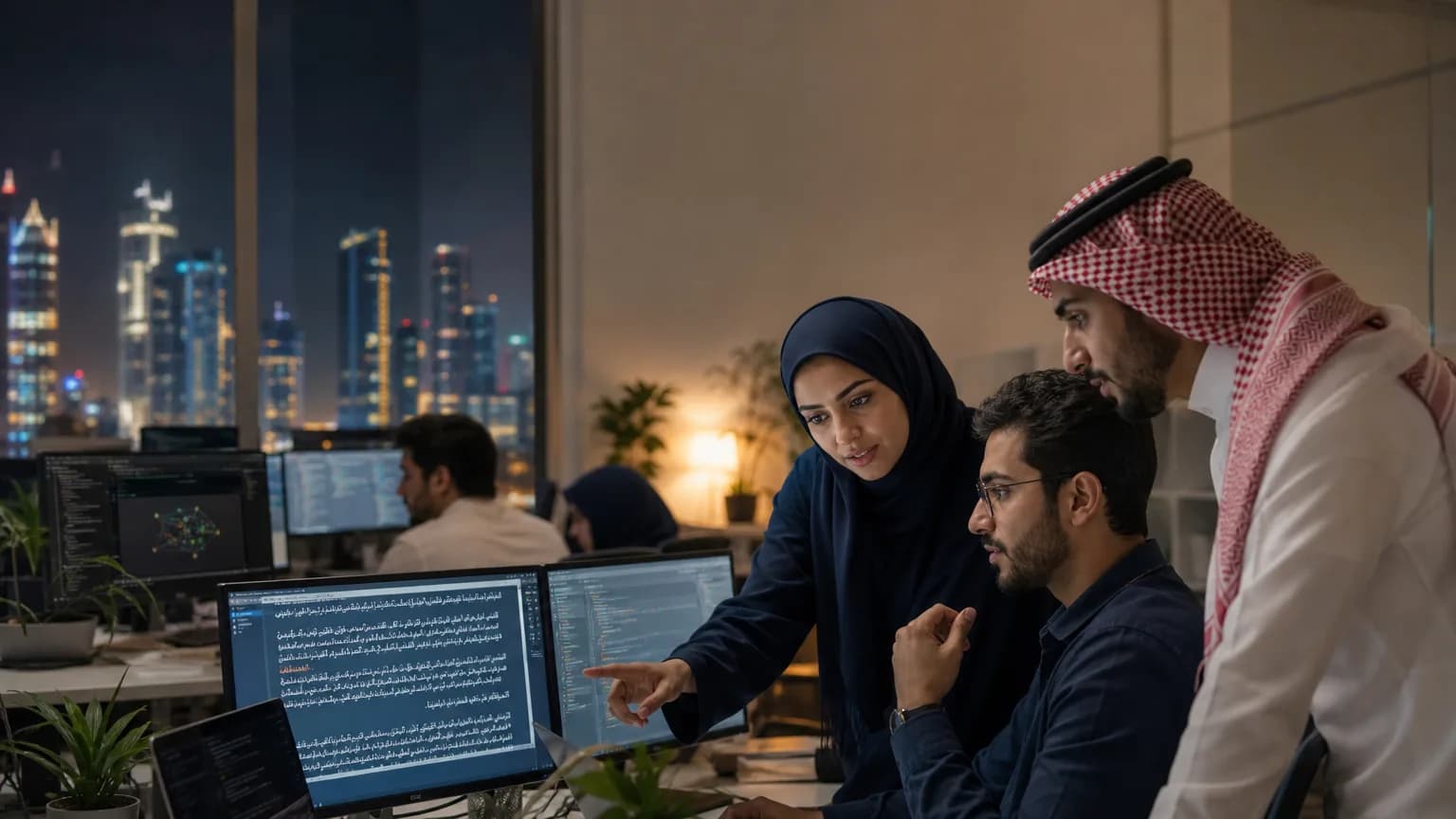 Illustration generated by AI: Editorial image for فالكون أم علّام؟ معركة شرسة في سماء الخليج لتطويع الذكاء الاصطناعي بالعربية