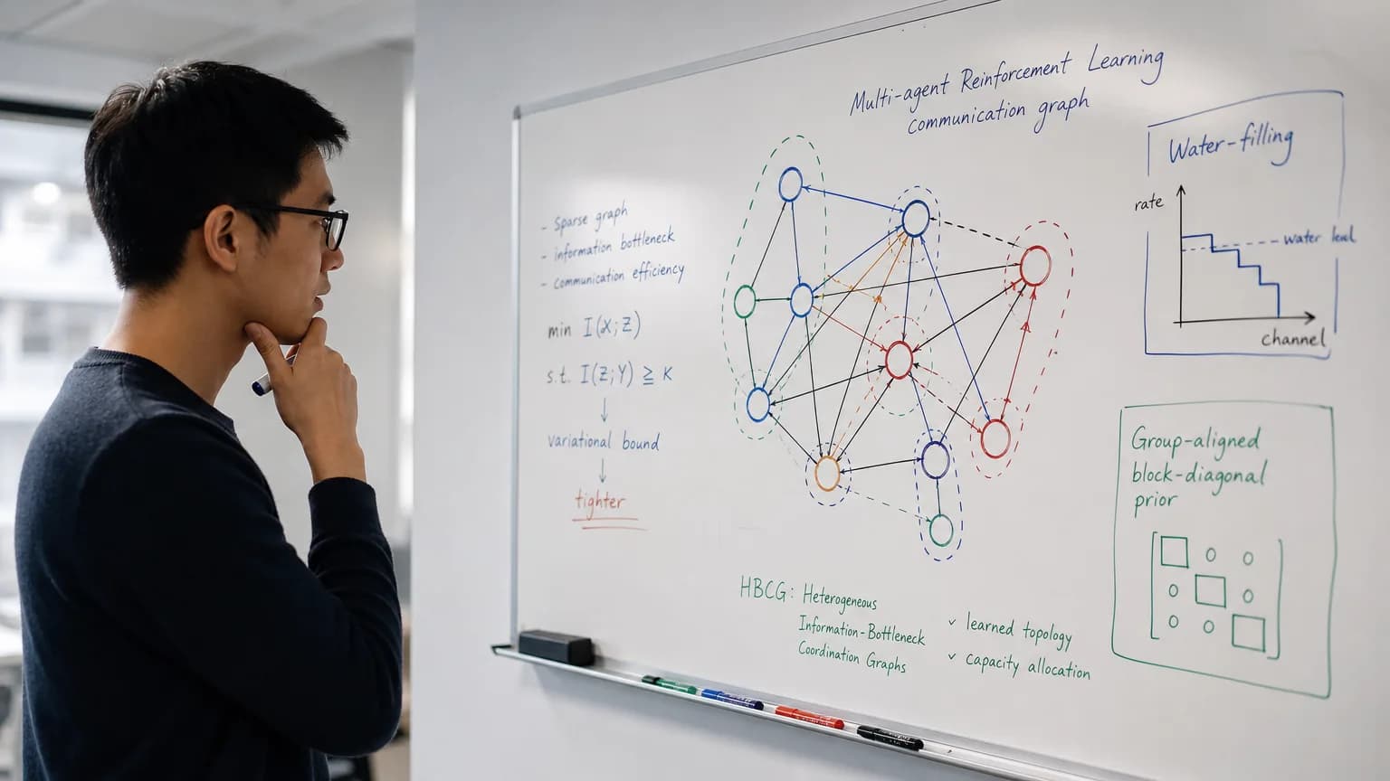 Illustration generated by AI: Editorial image for A Water-Filling Rule for Multi-Agent AI: New Paper Tightens the Math Behind Learned Communication Graphs