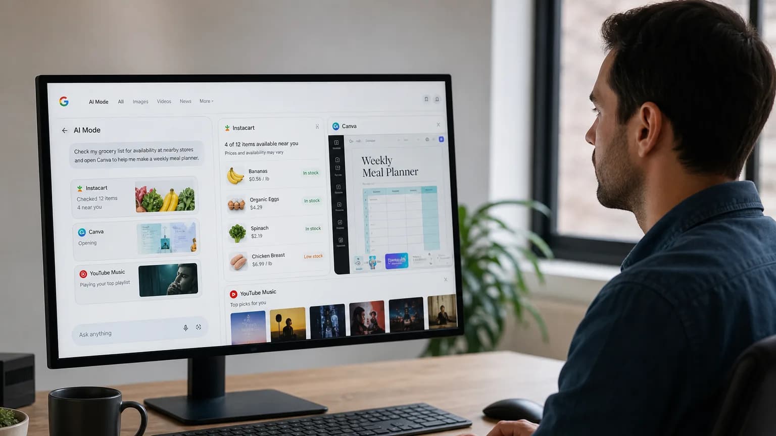 Illustration generated by AI: Editorial image for Google's AI Mode Can Now Check Your Grocery List and Open Canva For You