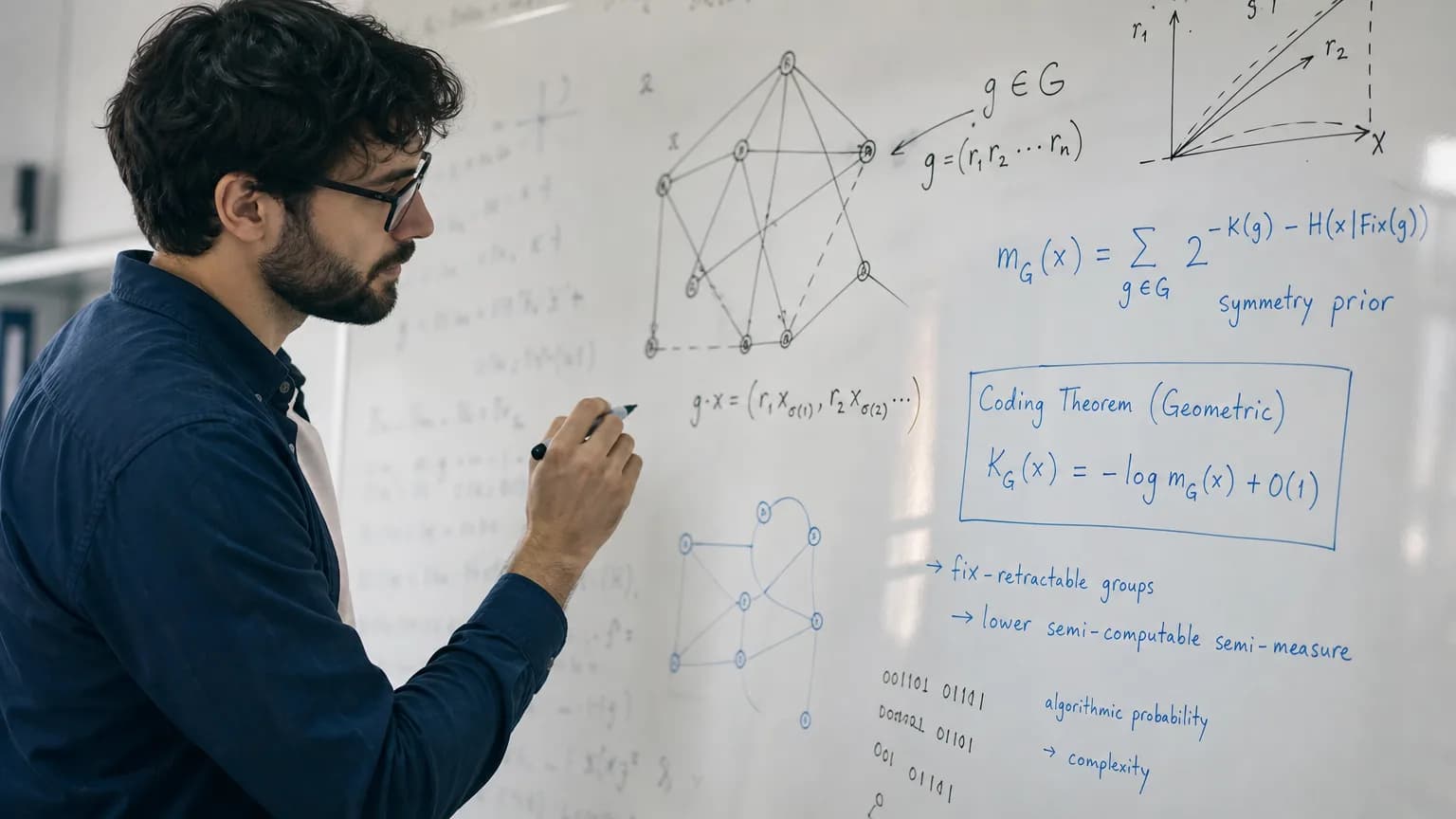 Illustration generated by AI: Editorial image for New Paper Extends Kolmogorov Complexity Theory to Symmetry Groups with a "Geometric Coding Theorem"