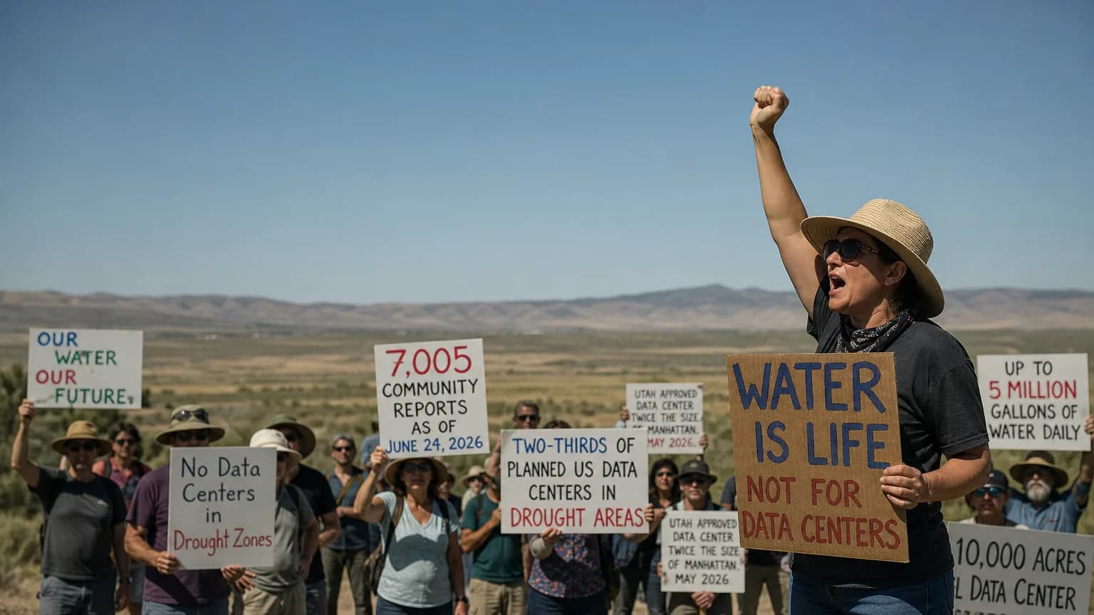 Illustration generated by AI: Editorial image for Erin Brockovich Takes On AI Data Centers: Water, Land, and a Growing Grassroots Fight