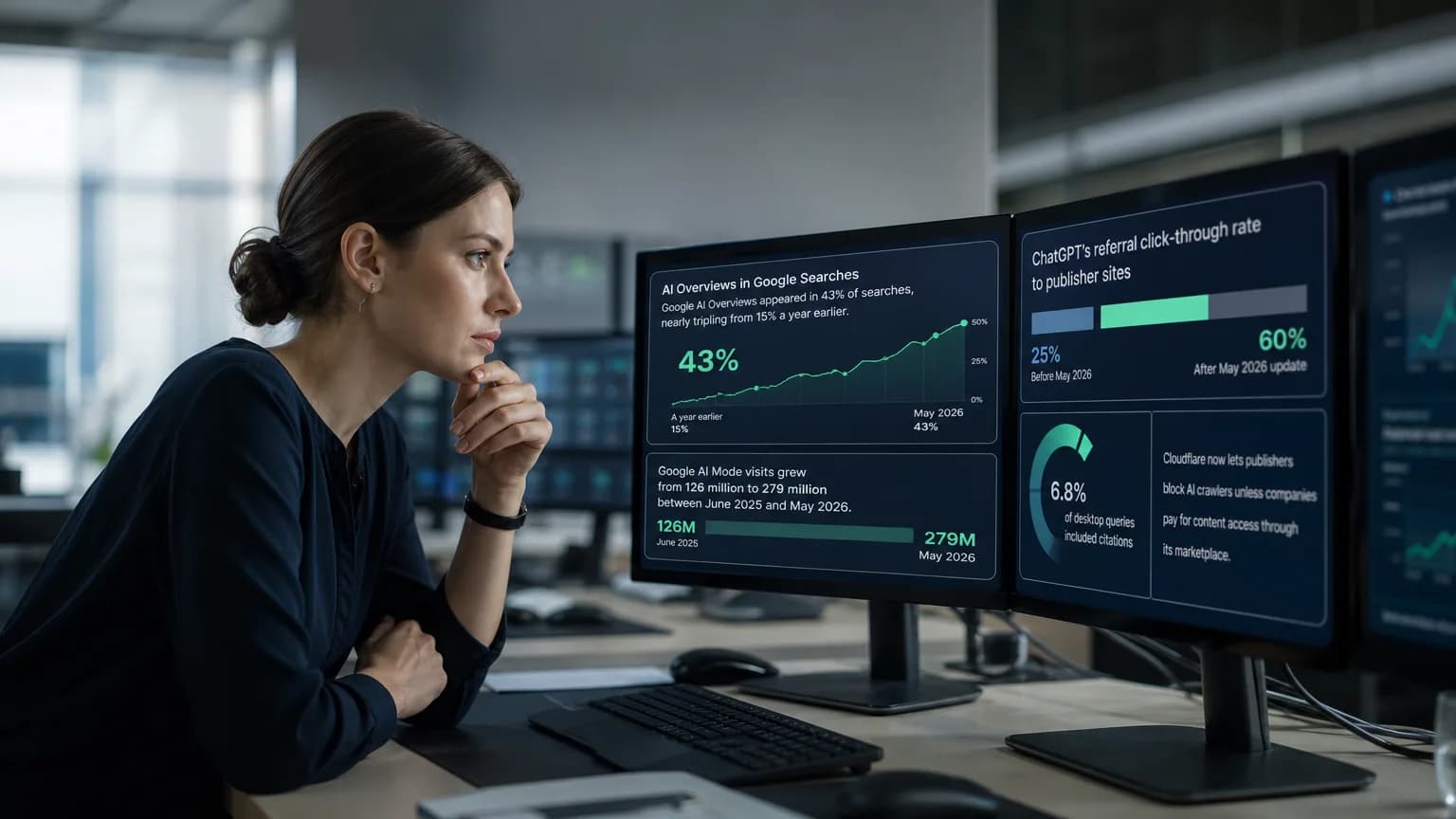 Illustration generated by AI: Editorial image for AI Overviews Now Appear in 43% of Google Searches, New Similarweb Data Shows