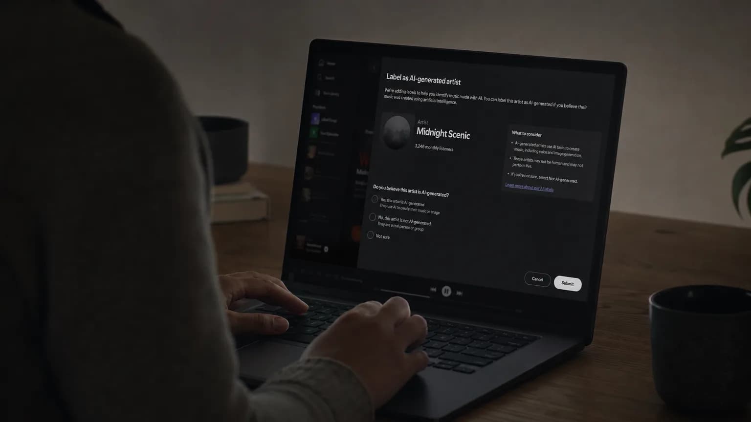 Illustration generated by AI: Editorial image for Spotify Will Tag AI-Generated Artist Personas Starting in September