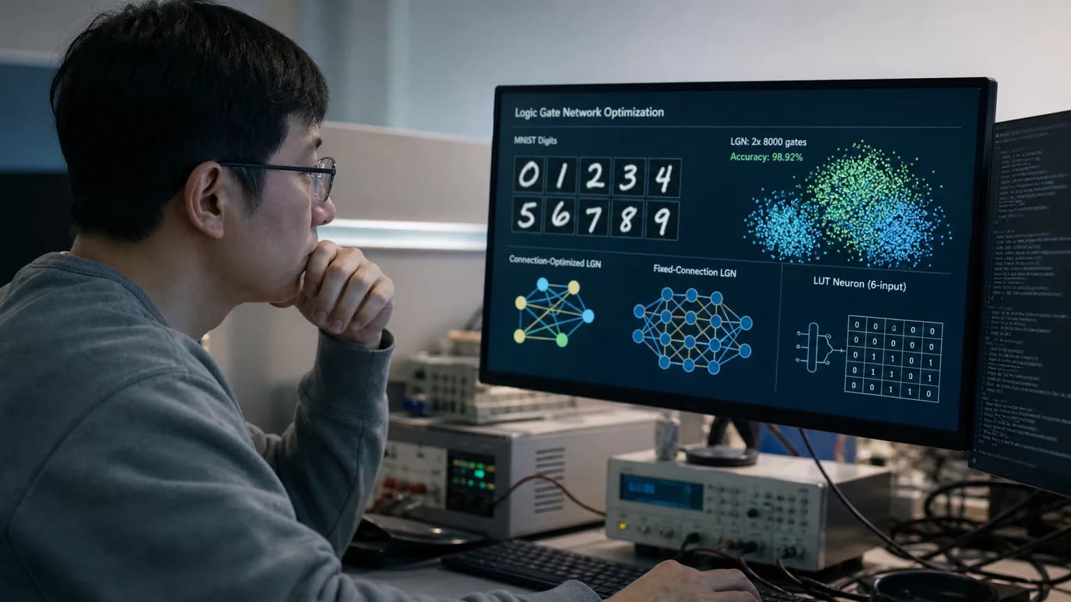 صورة توضيحية مُولّدة بالذكاء الاصطناعي: Editorial image for A Trainable Connection Trick Shrinks Logic Gate Networks by 50x