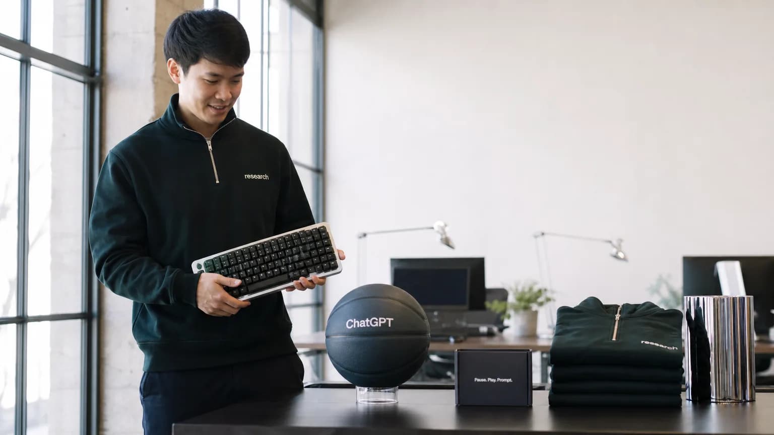 صورة توضيحية مُولّدة بالذكاء الاصطناعي: Editorial image for OpenAI Now Sells a $70 Basketball and a $230 Keyboard, and It's Not a Joke